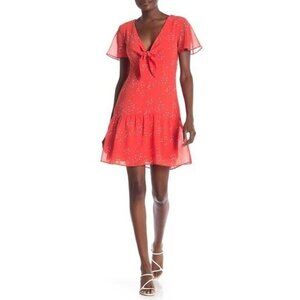 Willow & Clay Red Chiffon Dress Heart Print Front Tie Ruffle Hem SZ L NWT $110
